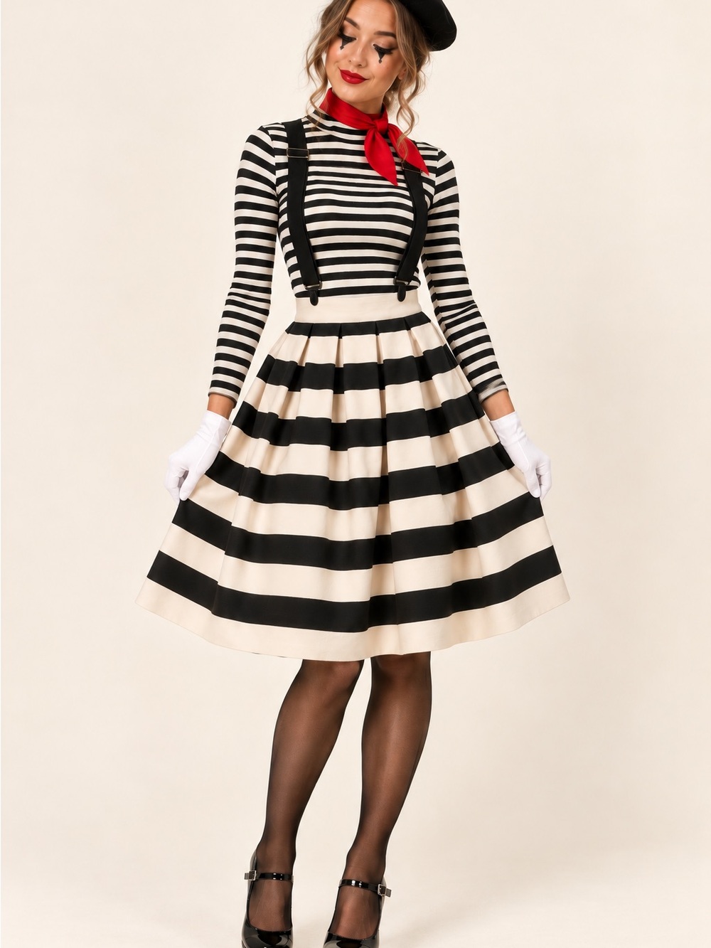 Top Shop Women’s Striped A-Line Midi Skirt in Black & White / Mime Costume SKIRT